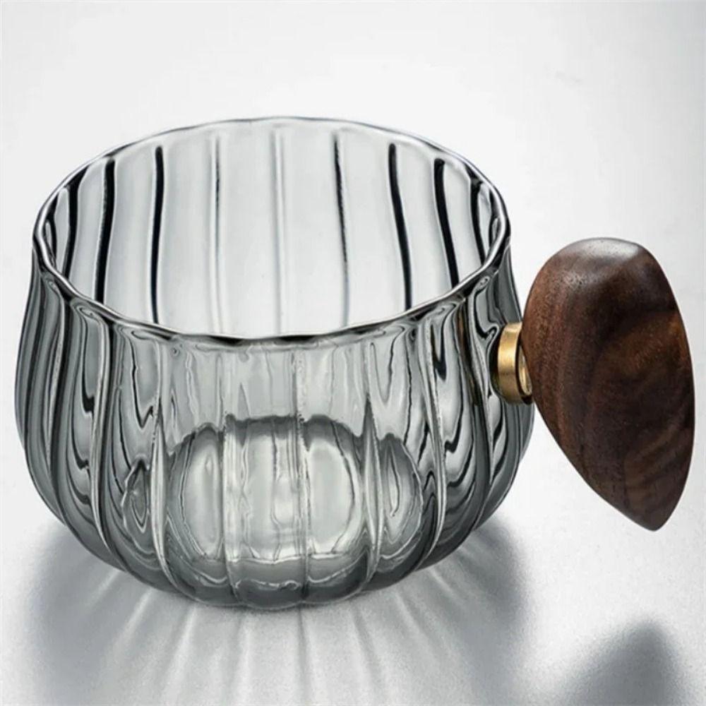 Modern Stripe Glass Coffee Mug Wooden Handle Heat-resistant Ribbed Tea Cup Wide Mouth Clear Cup and Plate Set Breakfast
