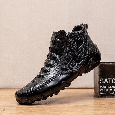 Men's Stylish High-Top Casual Shoes, Crocodile Embossed Cowhide Leather, Easy-Use Metal Zipper, Durable&Fashionable for Leisure