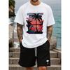 Herren weißes Kurzarm-T-Shirt mit tropischem Sonnenuntergang-Palmenbaum-Grafik, lockere Passform Rundhalsausschnitt Baumwoll-T-Shirt für Strandurlaub Freizeitkleidung