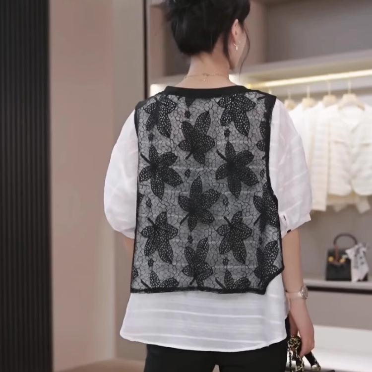 Korean Summer Lace Crochet Leaf Vest Spliced Women's Loose Pullover Top