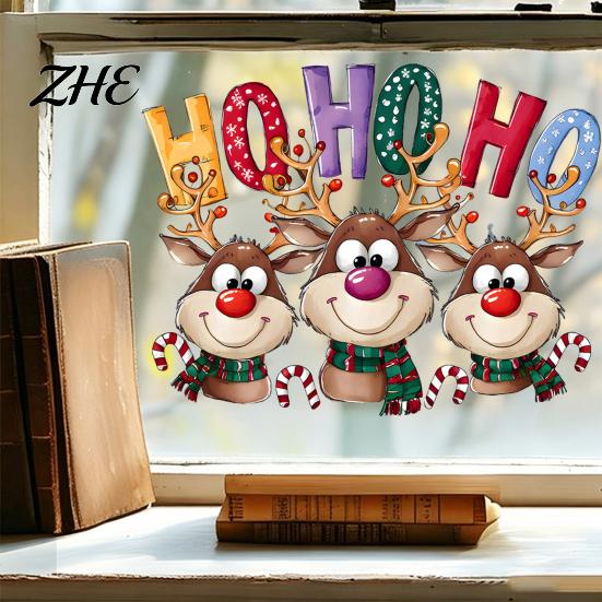 Christmas Window Clings Static Cling Stickers, Cartoon Reindeer HOHOHO Art Glass Decals, Cute Decals Festive Holiday Decor for Home Windows