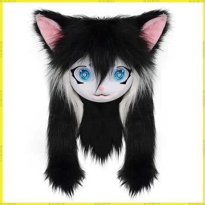 Süße Plüschfell Vollkopf Katzenmaske Langes Fell Große Herzförmige Augen Cosplay Kostüm Requisite Für Karnevalsparty Anime Rollenspiel Coser