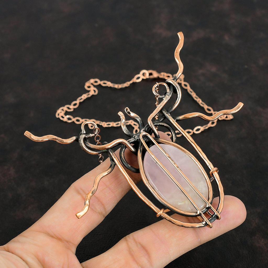 Rose Quartz Necklace Copper Wire Wrapped Necklace Adjustable Chain Necklace Copper Wire Jewelry Handmade Gemstone Necklace Anniversary Gifts