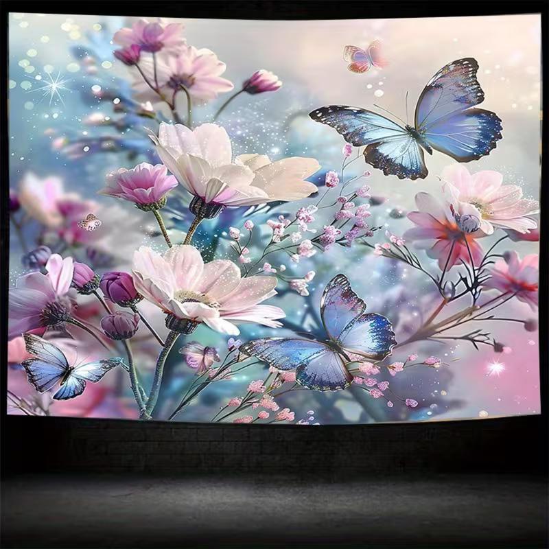 2D Dreamy Blue Butterfly Backdrop, Pink Flowers with Glitter Photography Background