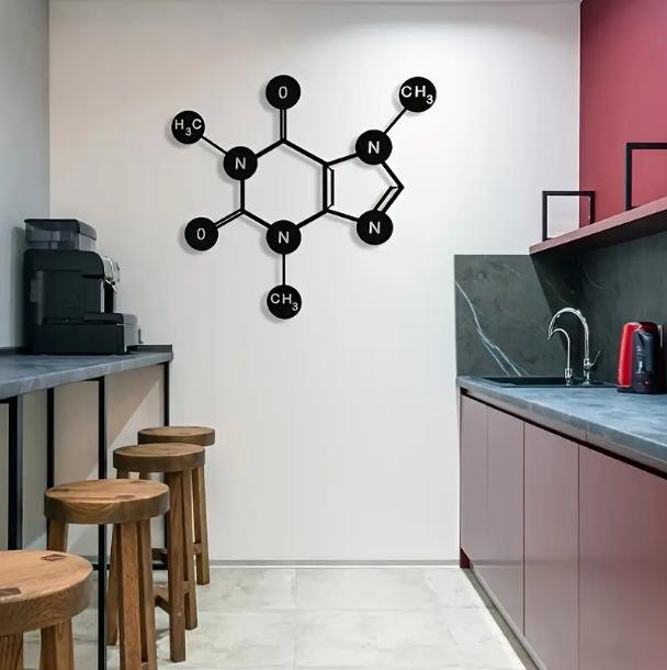 Caffeine Molecule Metal Wall Art: Aesthetic Kitchen Decor Sign