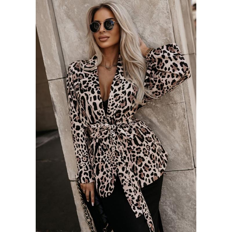 Wiosenne i jesienne kurtki casualowe w panterkę dla kobiet Vintage z klapami sznurowane luźne płaszcze damskie Elegancka dopasowana kurtka damska w kwiaty 26159