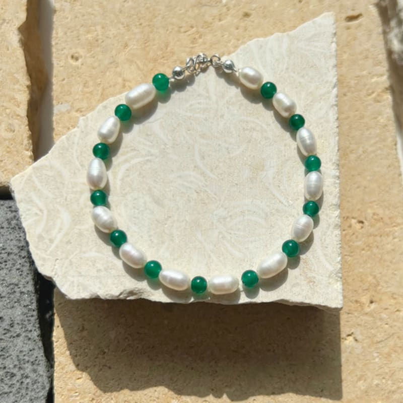 KIETIMOOR Green & Pearl Bracelet (Silver 925) Freshwater pearl green jade silver bracelet