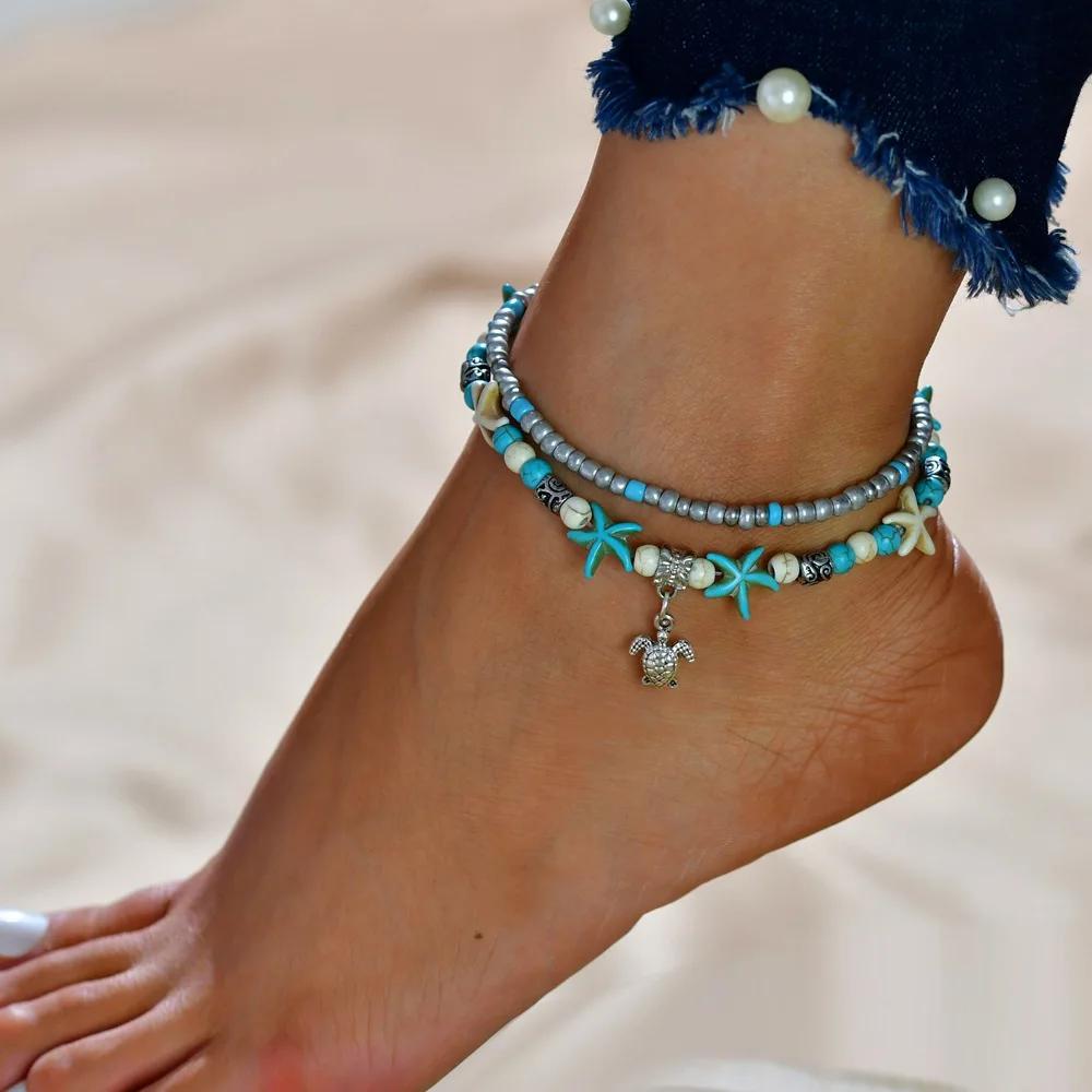 Tree of Life Anklets For Women Turtle Shell Starfish Elephant Ankle Bracelet Multilayer Chain On Leg Foot Boho Summer Jewelry