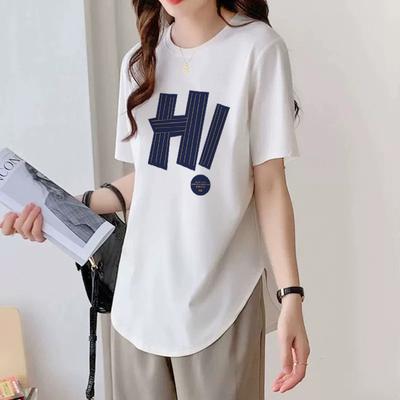 Crew Neck White Short-sleeved T-shirt Women's Summer Medium and Long Butt-covering Curved Hem Loose and Thin Top Tide