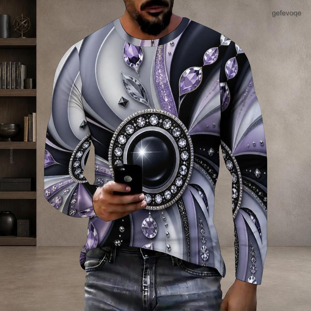 Men Plus Size Round Neck Long Sleeve T Shirt Black Sparkle Star Print Pullover Straight Hem