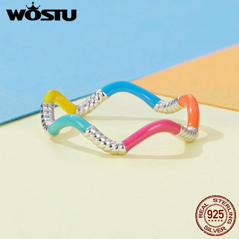 WOSTU 925 Sterling Silver Rainbow Wave Prsteny pro ženy Nepravidelný Twist Ring bonbónové barvy Party Šperky Dárek k narozeninám