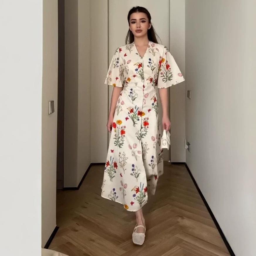 Women V Neck Short Sleeve Floral Print Midi Dress Casual Loose Fit Summer Dress XS