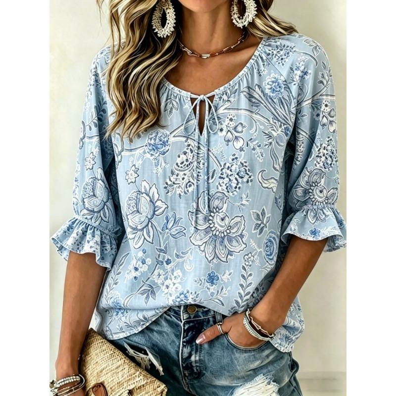 Women's Blue Porcelain Floral Print Tie Neck Blouse, Casual Loose Tops for Spring Summer Daily Wear & Vacation Occasions