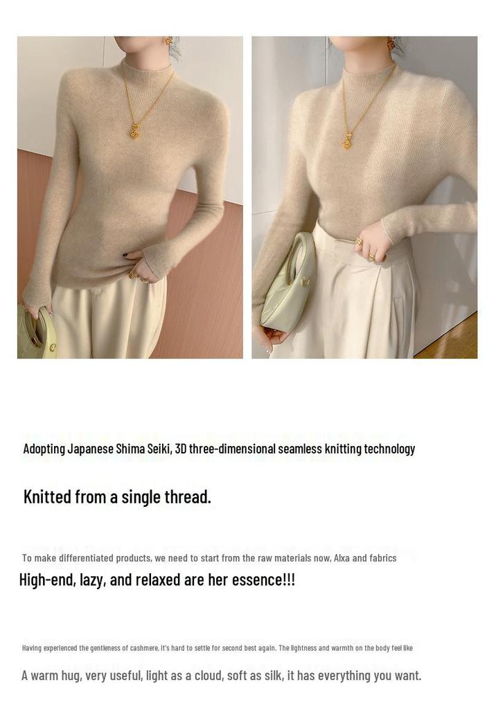 Women's Seamless Cashmere Half-High Neck Slim-Fit Sweater - Versatile Autumn/Winter Knitwear Base Layer