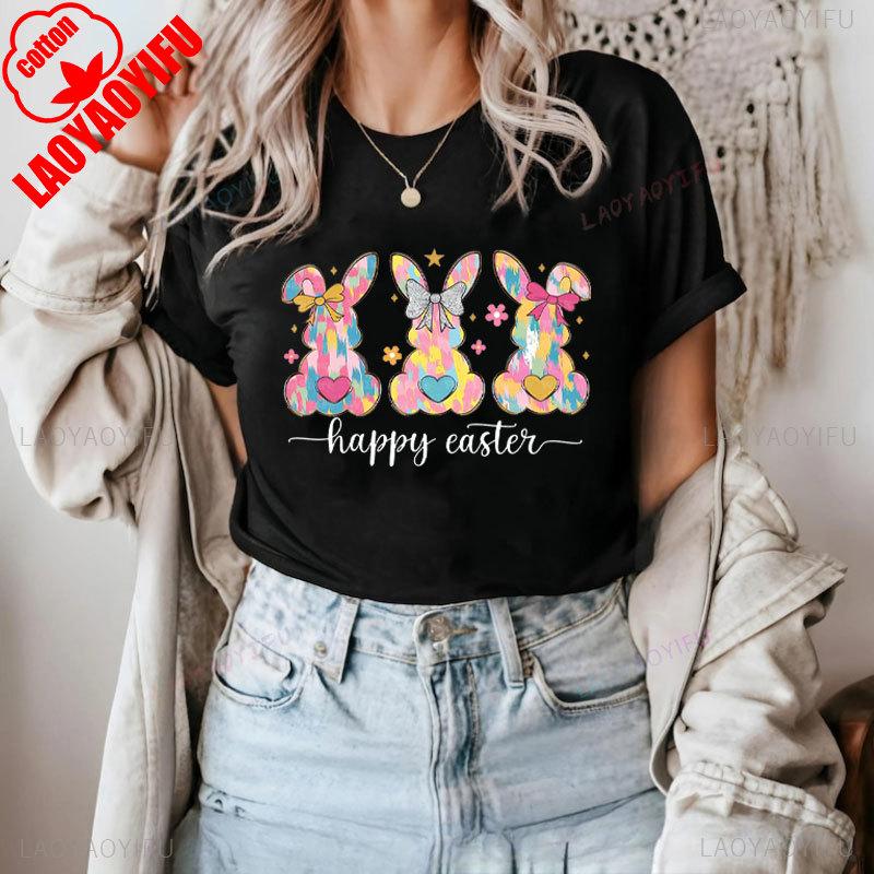 Brushstroke Bunny Easter T Shirt Kawaii Women Short-sleev Tee-shirt Retro Style Streetwear Fashion Casual Cotton Tops Ropa Mujer