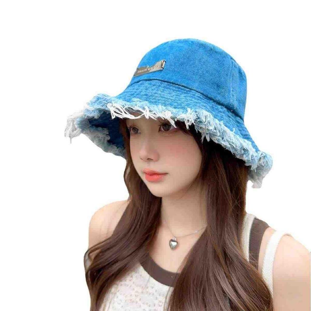 Autumn and winter hat women's rough edge old washed denim bucket hat big brim showing face small bucket hat versatile basin hat