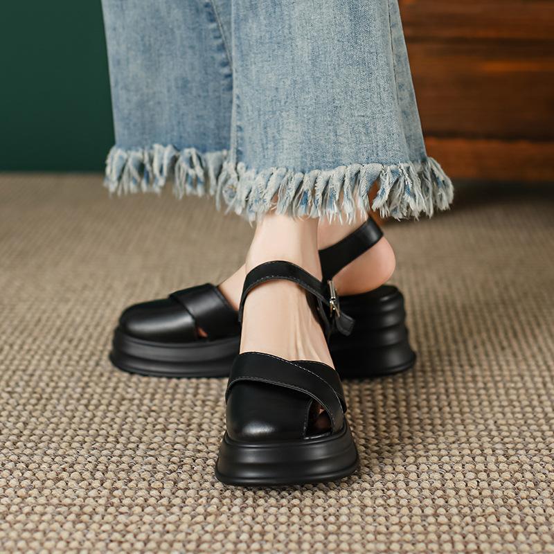 

Yuexinwang genuine leather flat for Huizhou women s shoes grape mother same Roman sandals women s thick heel bag head cool slippers thick sole 40 чорний