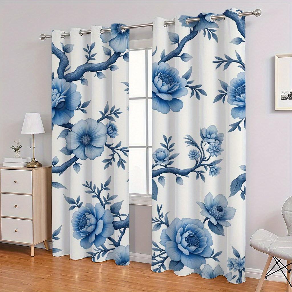 Blue Floral Branch Pattern Curtains Polyester Fabric Suitable Bedroom Living Room Decoration Set Of 2 Made Machine Washable Sitting Decor