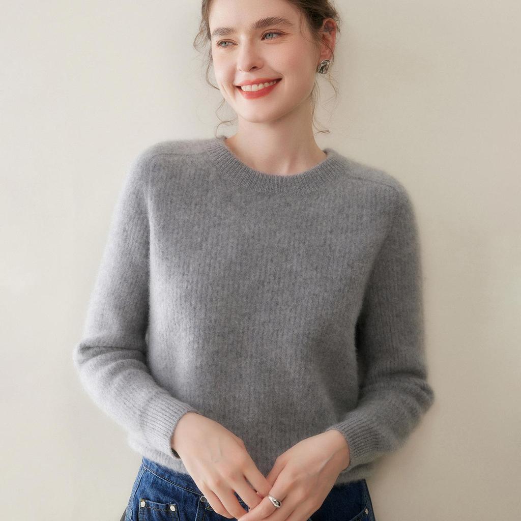 Ribbed Cashmere Round Neck Women's Short Pullover Sweater - Solid Color Loose Knit Top