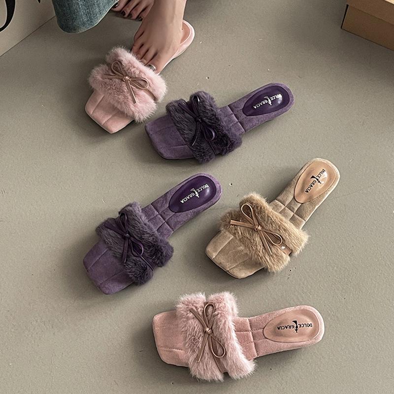 Autumn and Winter Fashion Retro Bow Wedge Heel Fluffy Slippers Simple Word Casual Outer Wear Women's Cotton Mop
