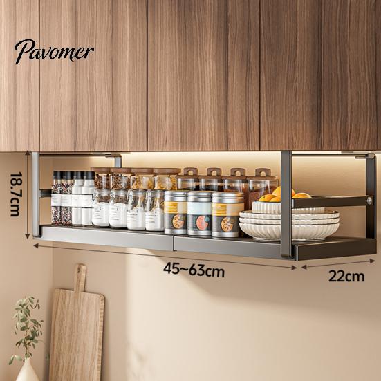 Expandable under Shelf Storage Rack Punch-free Hanging Slide-in Cabinet Organizer Stainless Carbon Steel Kitchen Pantry Countertop Spice Holder