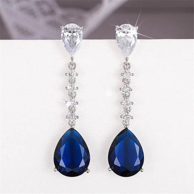 

925 Sterling Silver Creative Blue Waterdrop Cubic Zirconia Drop Earrings for Women Female Exquisite Wedding Jewelry