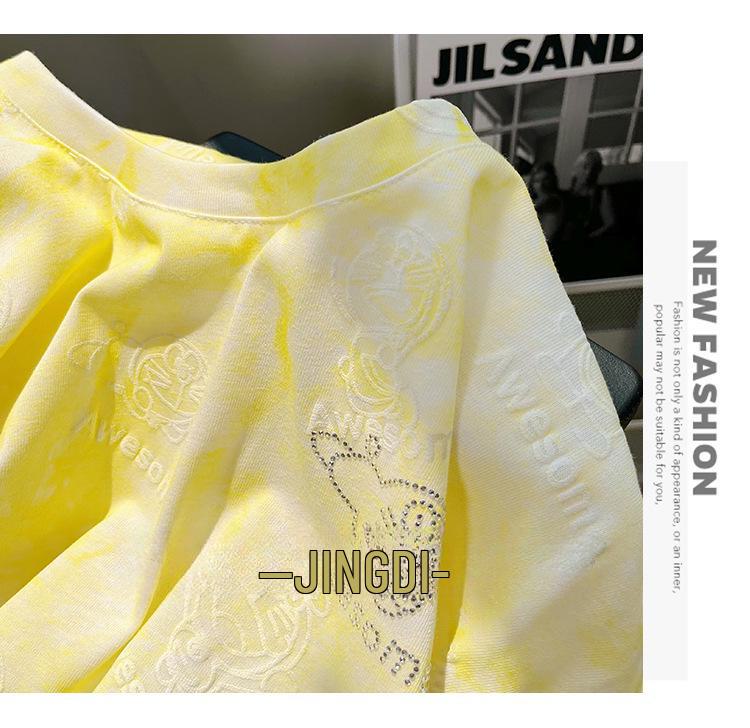 Korean Style Women's Tie-Dye Loose Fit Pure Cotton Short-Sleeve Top with Diamond Accent, Mid-Length Round Neck, Large Size.