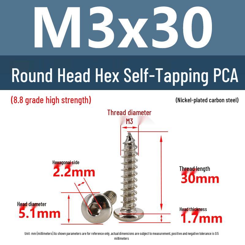 8.8 Grade Round Head Hex Socket Self-Tapping Screws M2-M4 Carbon Steel Bolts