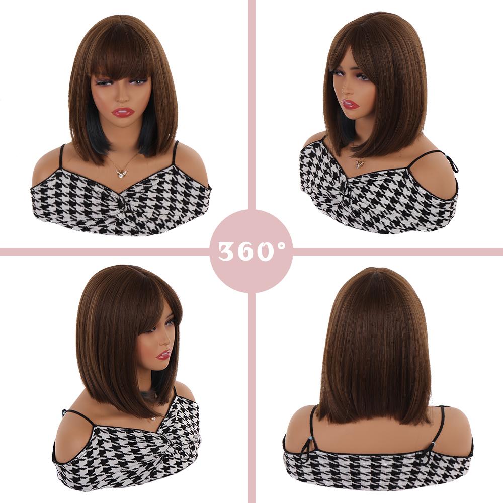 Short Straight Synthetic Wig Honey Color + Blue Bob Wig with Bangs for Women Cosplay Everyday Natural Hair Wig Heat Resistant Fiber