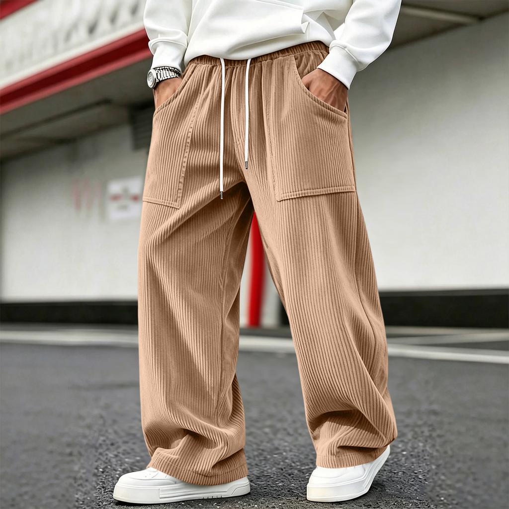 Men's Corduroy Pants Loose Fit Straight Leg with Elastic Waist for Casual Everyday Wear