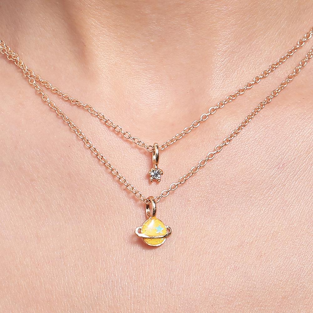 Vind Mode Planet Dubbellager Halsband Flerlagers Nyckelbenshalskedja Hipster Gatuplåt Personligt Mångsidigt Halsband