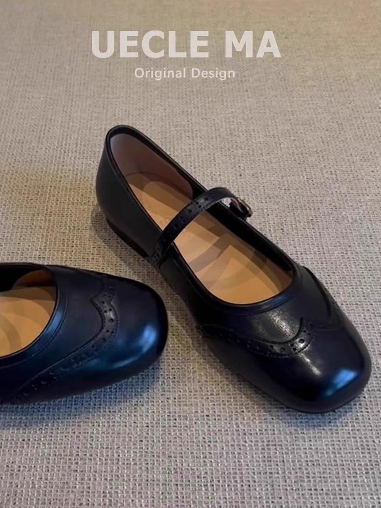 Cowhide~ Genuine Leather French Single Shoes Women's Flat 2025 New Models with Skirts, Ballet Shoes, Retro Engraved Mary Jane Shoes