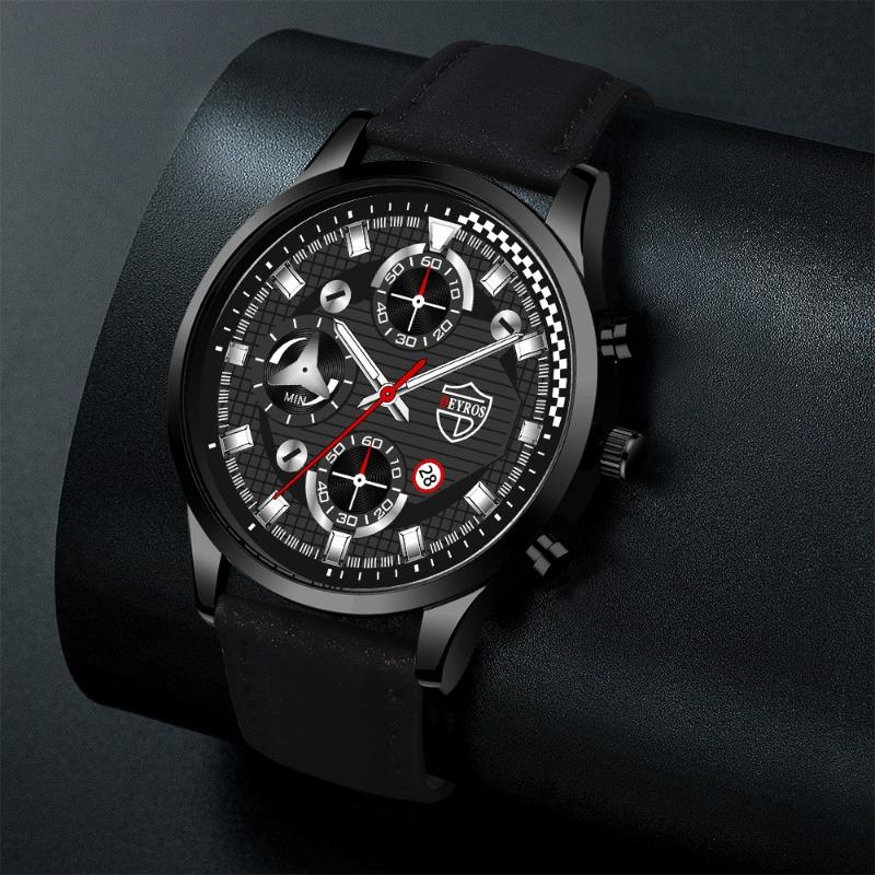 2PCS Set DEYROS Luxury Men's Watch Sports Men's Leather Strap Calendar Watch Fashion Men's Quartz Watch Father's Day Gift