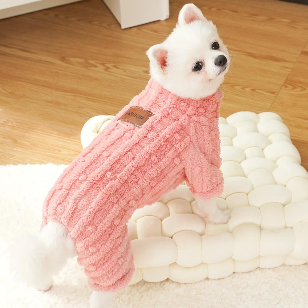 Autumn Winter Thick Fluffy 4-Legged Pet Pajamas for Small Dogs - Soft Warm Puppy Onesie with Fashion Tag (3 Colors)