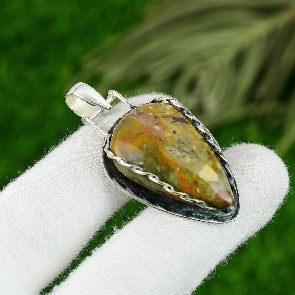 Mothers Day Deal Pear Natural Picture Jasper 925 Silver Birthday Bezel Pendant
