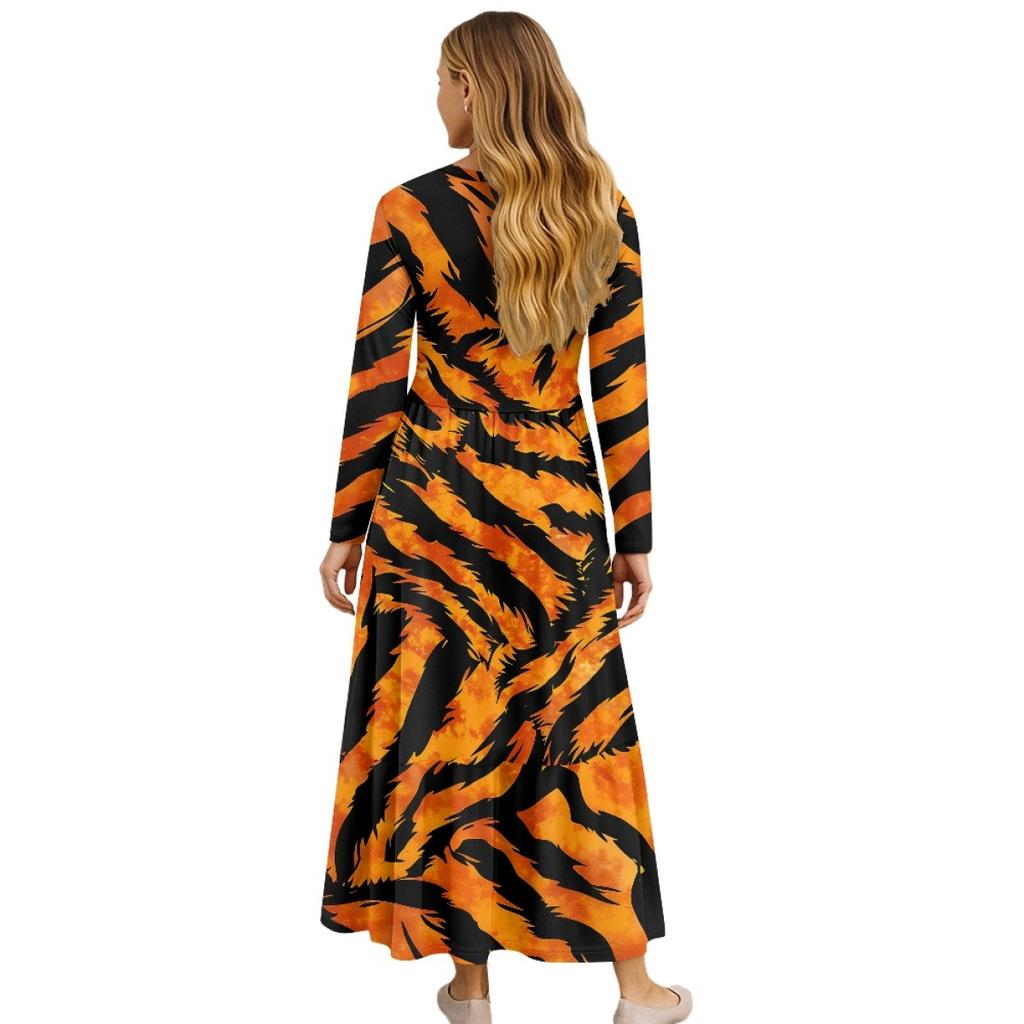 Long Sleeve Casual Midi Dress Ladies Patchwork Hem Loose Dress