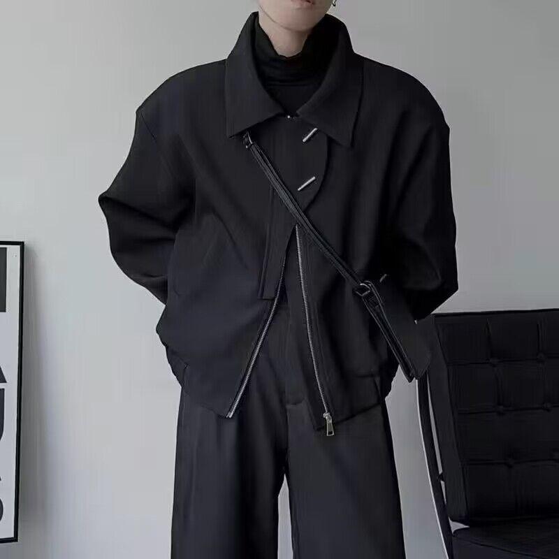 

Men s Minimalist Dark Design Bomber Jacket - Short, Wide Shoulder with Turn-Down Collar for Spring and Autumn. M (Recommended 160-170cm / 100-115 lbs)