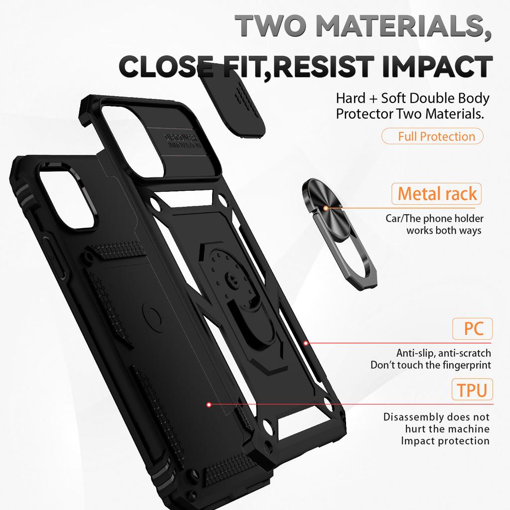 For iPhone 11 Pro Case Kickstand PC+TPU Hybrid Phone Shell with Camera Slide Cover