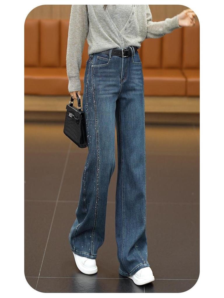 Retro Blue Rhinestone High-Waist Straight Leg Jeans for Women - Stylish, Versatile, Slimming Pants for Spring, Autumn, and Winter 2026