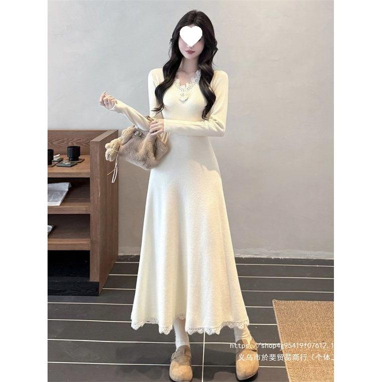 French temperament collar lace flower knitted dress women's clothing beautiful autumn and winter waist slim long skirt