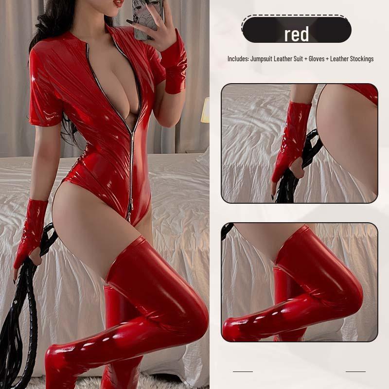Sexy Patent Leather Lingerie Role Play Bodysuit - Temperament Queen Uniform