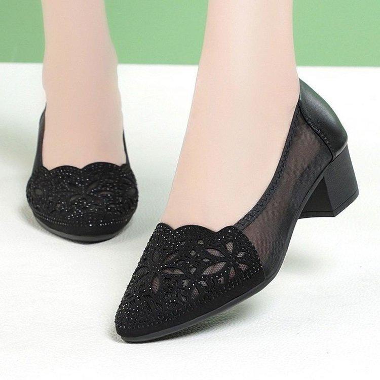 Rhinestone Bag Head Sandals Women's 2025 New Thick Heel Single Shoes Soft Sole Shallow Mouth Fashion Women's High-end Mesh Sandals