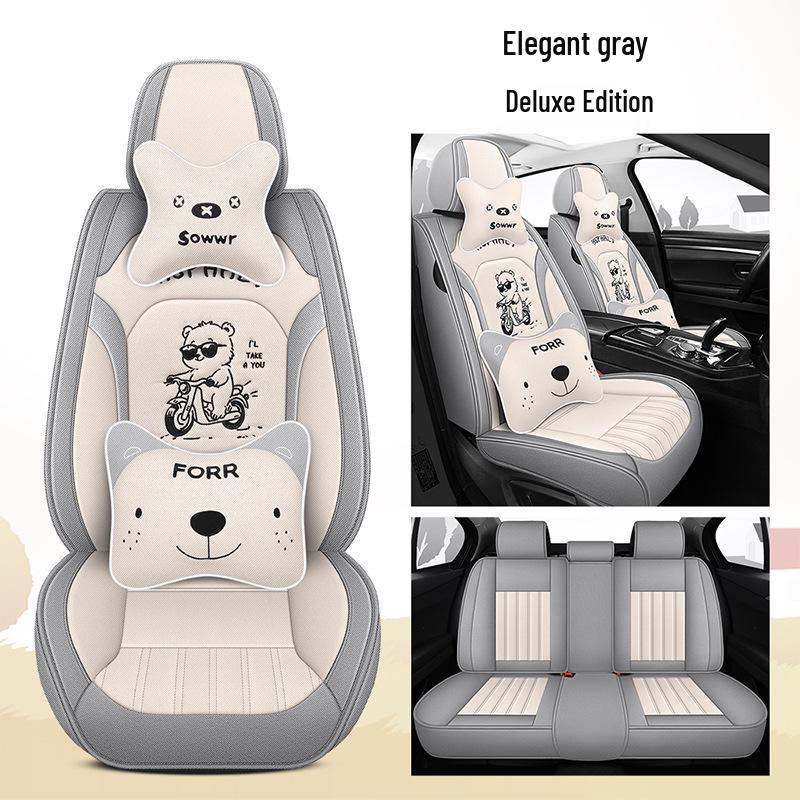 All-Season Linen Car Seat Cover - Breathable, Full Coverage with Cute Cartoon Design for Autumn/Winter