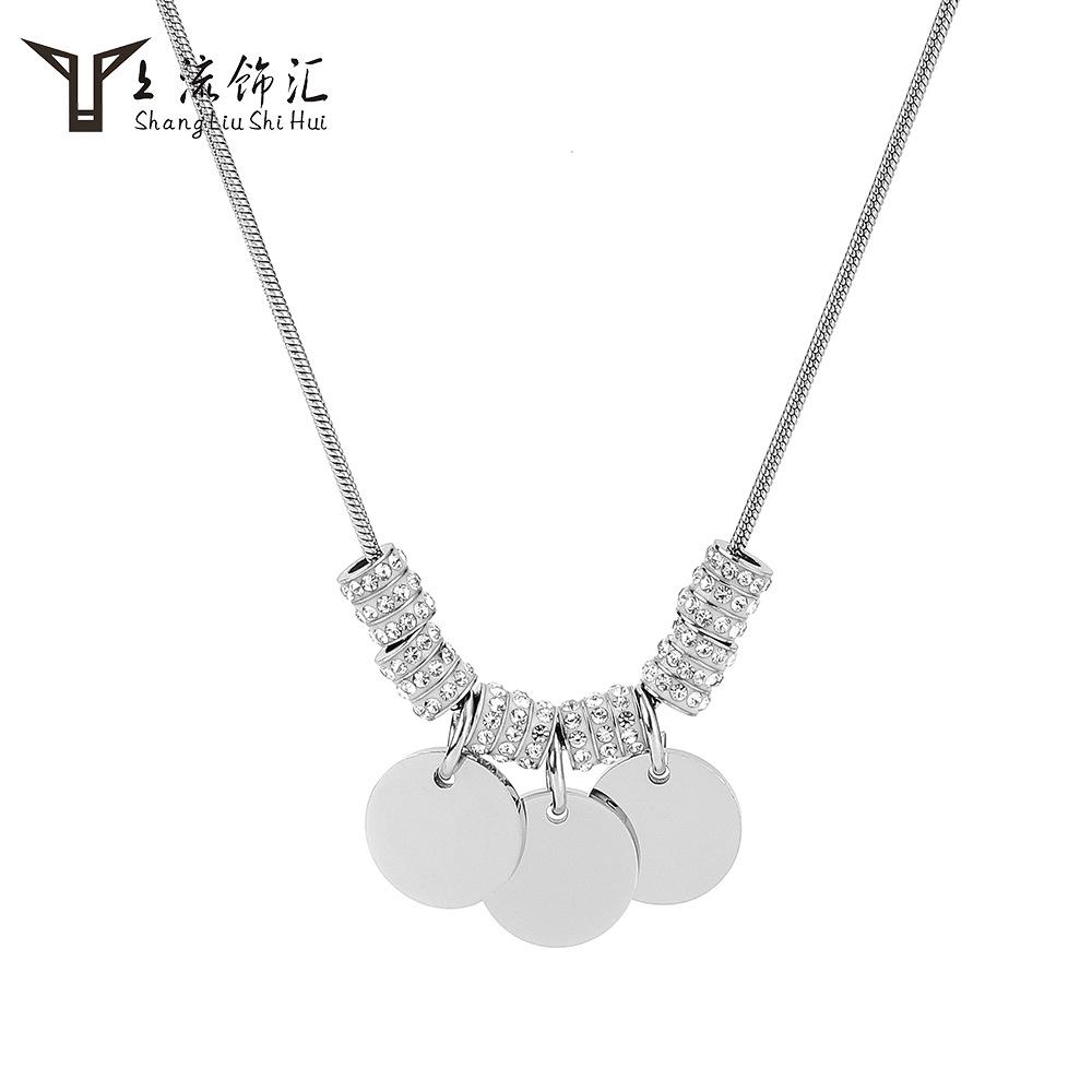 

Women s Hip Hop Zircon Round Tag Snake Bone Necklace - Versatile Titanium Steel Clavicle Chain