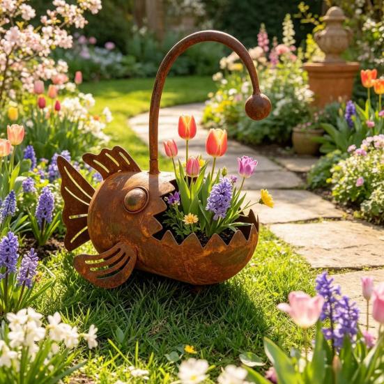 Yousheng Rustic Iron Planter, Fish Shaped Design, Decorative Metal Flower Pot for Succulents Cactus Plants, Rustproof Garden Patio Porch Balcony Yard