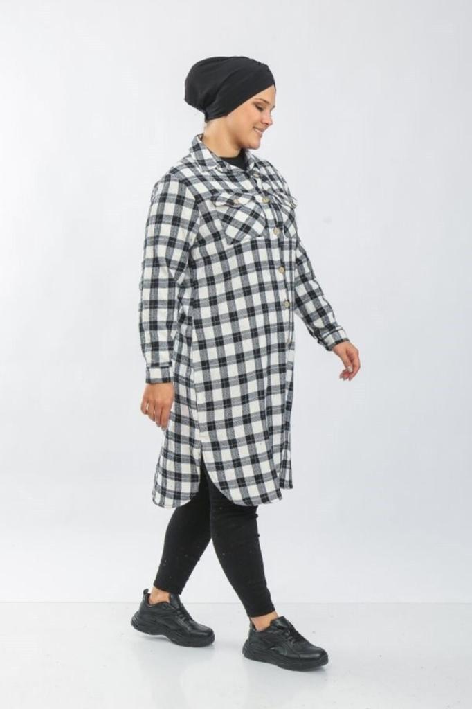 Damenstil Übergröße Hemd Große Größe Dickes Langes Holzfällerhemd - Schwarz und Weiß Verschachteltes Quadrat