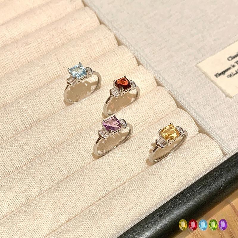 Women's S925 Sterling Silver Square Natural Amethyst Ring Adjustable Open Garnet Topaz Jewelry Gift
