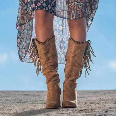 Autumn Winter Bestseller Western Fringed Frosted Knee High Boots Women's Chunky Heel Slouchy Boots Leg-Lengthening Rubber Sole