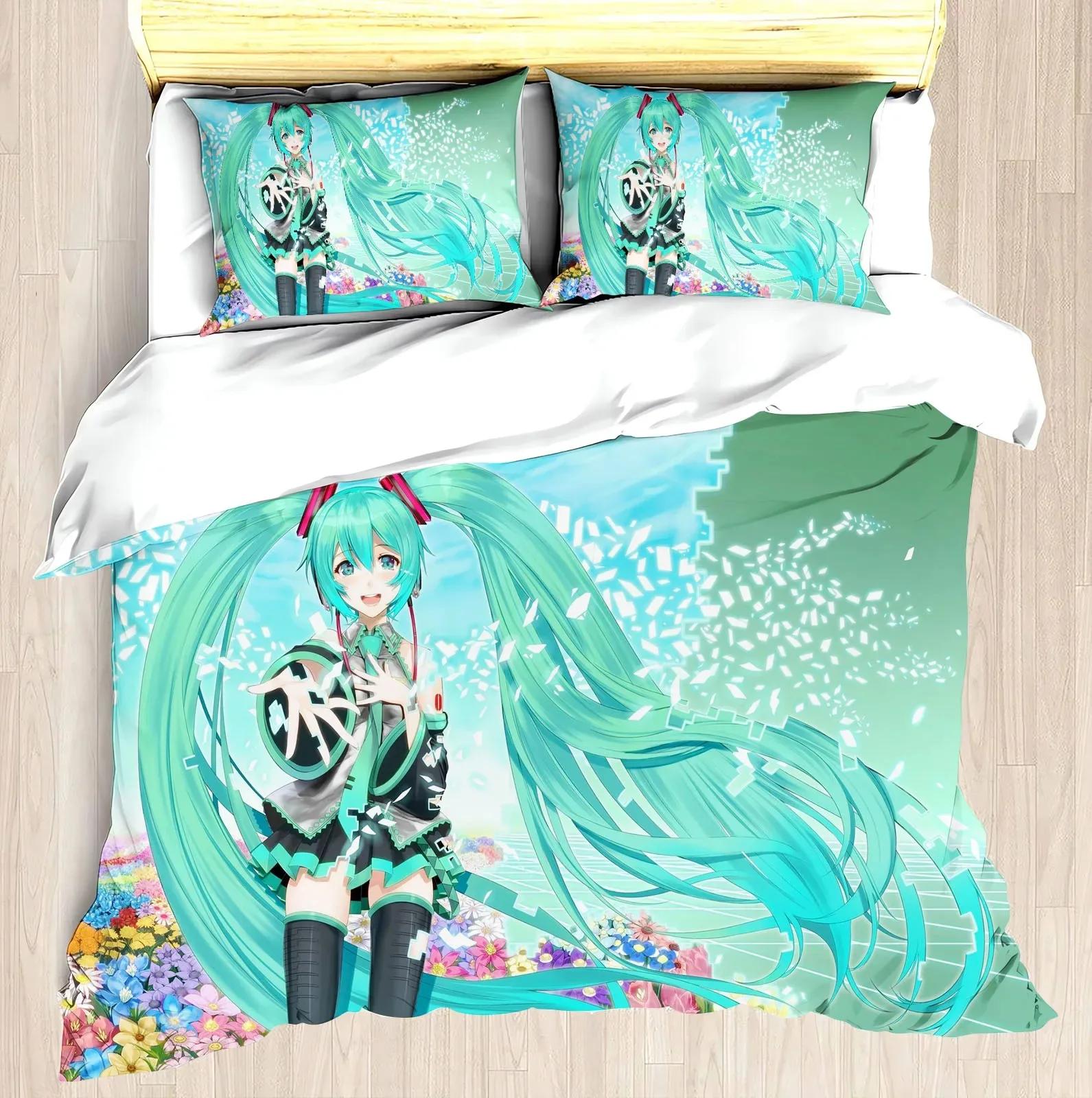 Hatsune Miku Anime 100% Polyester Beddengoed Set Dekbedovertrek Set Bedrukte Cartoon Huisdecoratie 150x200cm 3pcs
