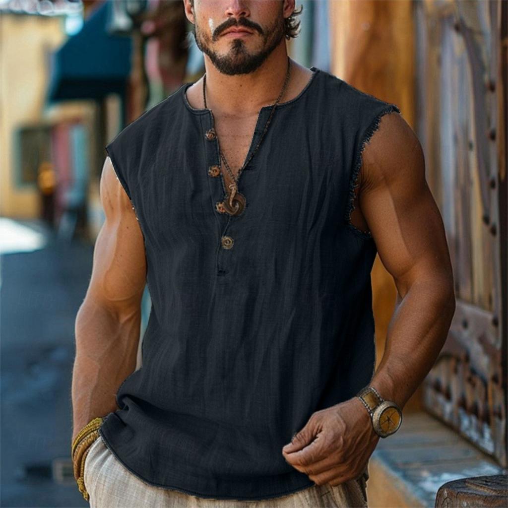 Men’s Sleeveless Henley Shirt Casual Loose Fit Linen Top with Armholes and Button Placket for Summer Daily Wear